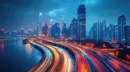 Obraz premium Vibrant night lights illuminate the bustling skyline and busy roads of a modern city at dusk