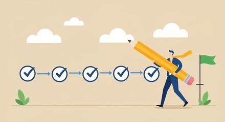 Man achieving goals by drawing his own path with a giant pencil