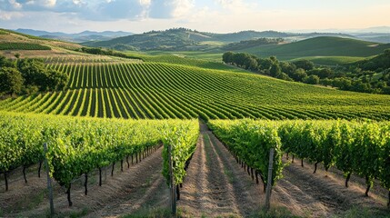 Naklejka premium Tuscan Vineyard Landscape: Rows of Grapevines in Rolling Hills