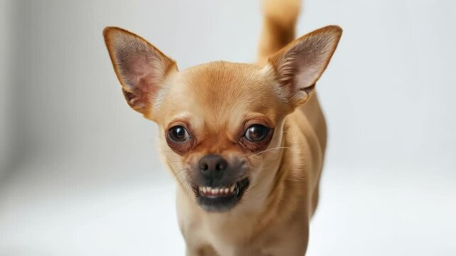 Purebred chihuahua growling, displaying sharp teeth with aggressive stance against pristine white studio setting