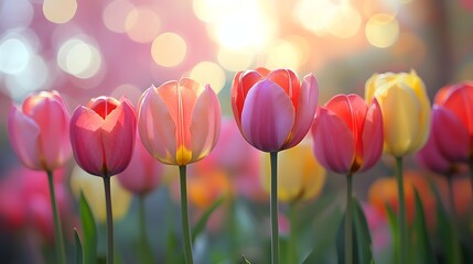 Vibrant pink and yellow tulips bask in the warm glow of a soft sunset bokeh creating a beautiful sp floral scene.