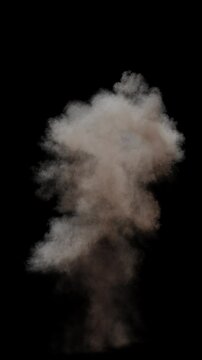 Realistic high resolution ground explosion rendering with fire and smoke plume. Full frame 3D animation fireball detonation and combustion on black background with alpha channel. Cgi vfx plate shot.