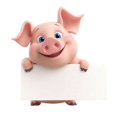 Happy Cartoon Pig Holding Blank Sign