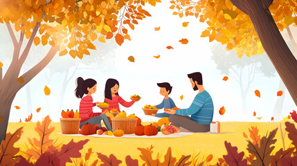 Family Enjoying a Sunny Autumn Day with a Picnic in the Park Surrounded by Colorful Leaves and Fresh Seasonal Produce