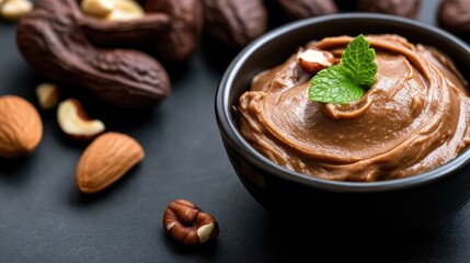 Fototapeta premium Creamy nut butter in a bowl, surrounded by nuts