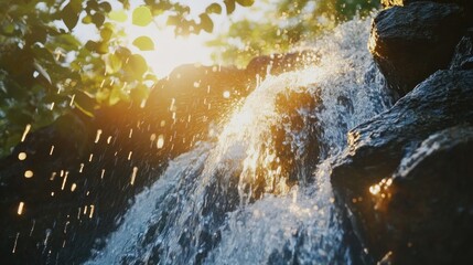Water cascading over rocks with sunlight filtering through green leaves