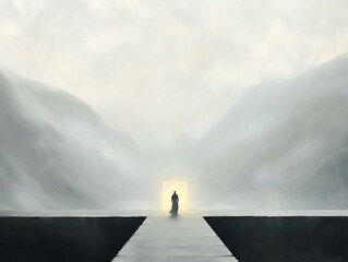 Woman Approaches Mystic Mountain Gate.