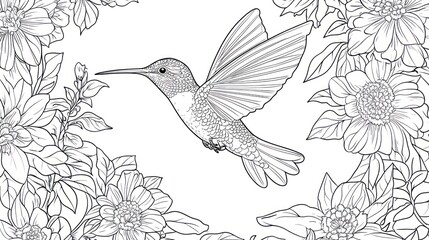 Obraz premium Hummingbird in Floral Frame, Line Art, Coloring Book