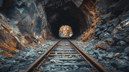 Naklejka premium Dramatic Railroad Tracks Leading Into Dark Rock Tunnel with Dim Light and Stone Walls in a Remote Location