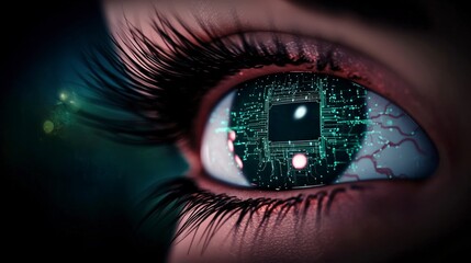 Close up of a Woman's Eye Reflecting Futuristic Circuitry Technology