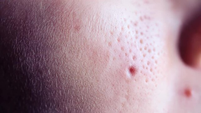 Close up microscopic view revealing skin surface texture, enlarged pores, sebum accumulation, bacterial inflammation, dermatological acne imperfections
