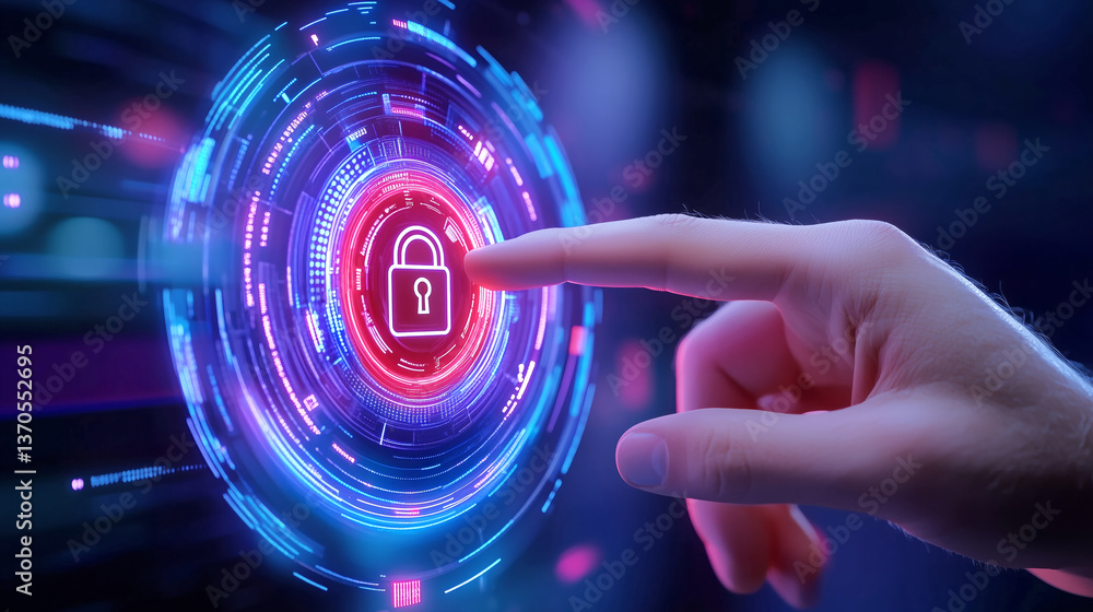 Poster a hand approaches a glowing red padlock within a vibrant digital interface, showcasing elements of c