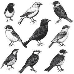 Fototapeta premium A collection of nine detailed hand-drawn bird illustrations in black and white ink style perfect for ornithology books or nature publications.