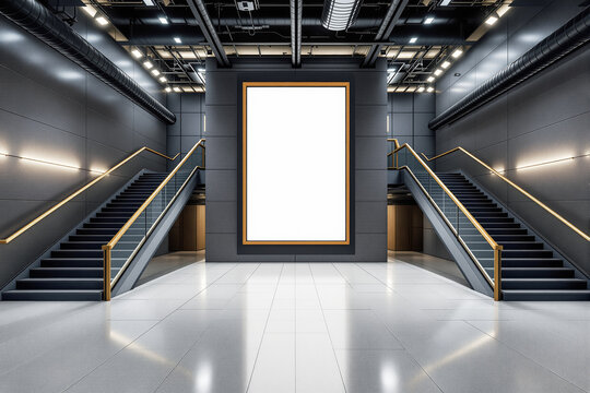 Blank framed poster mockup placed between escalators in a modern interior room with clean layout, light reflections, and empty wall design concept. Ai generative