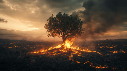 A lone tree burning fiercely in the middle of a scorched
