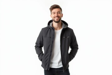 Fototapeta premium Half-Length (Waist-Up) portrait of young stylish smiling Swiss male model in casual wear isolated on pure white background looking at camera