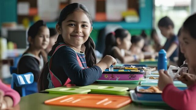 Hispanic schoolgirl enjoying lunch, classmates socializing nearby in brightly lit cafeteria