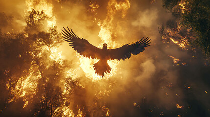 Fototapeta premium A mythical phoenix rising from the ashes of a wildfire