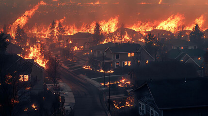 A residential neighborhood threatened by advancing wildfire