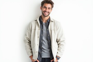 Fototapeta premium Half-Length (Waist-Up) portrait of young stylish smiling Swiss male model in hipster wear isolated on pure white background looking at camera