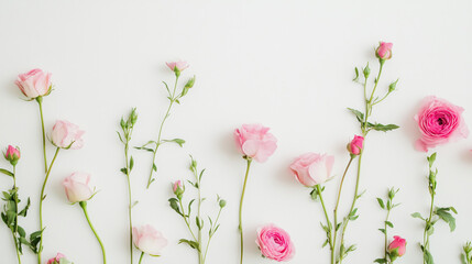 ピンクの花々が彩るフラットレイアウトの白背景