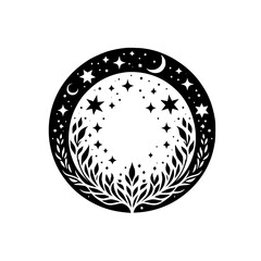 Celestial Circle: Stars, Moon & Foliage Silhouette