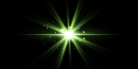 Green horizontal lensflare. Light flash with rays or green spotlight. Glow flare light effect. Vector illustration. Isolated on black background.