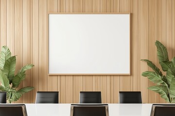 Elegant Office Meeting Room with Minimalist Design, Wooden Accents, Glass Conference Table, Black Leather Chairs, Projector Screen, Indoor Plants – Modern Corporate Aesthetic