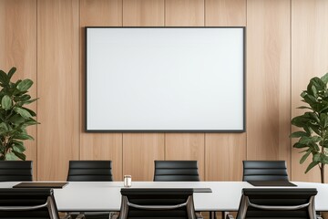 Elegant Office Meeting Room with Minimalist Design, Wooden Accents, Glass Conference Table, Black Leather Chairs, Projector Screen, Indoor Plants – Modern Corporate Aesthetic