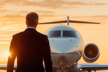 Elite Businessman Boarding Gulfstream G700 Private Jet with Polished Metallic Exterior Reflecting Sunset, Luxury Travel, High-End Aviation, Ultra-Rich Business Lifestyle