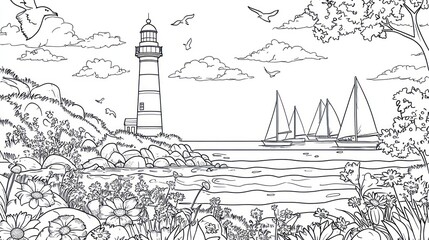 Lighthouse coloring page, seaside, flowers, sailboats, clouds, coloring book
