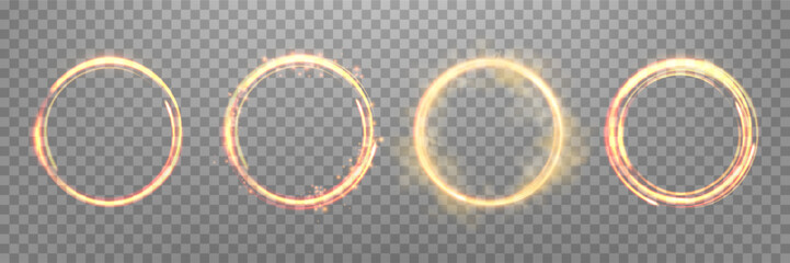 Glowing orange magic rings. Neon realistic energy flare halo rings. Abstract light effect on a transparent background. Vector illustration.