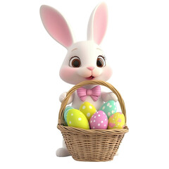 White cute Bunny Holding a Basket of Easter Eggs