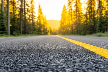 Endless Two-Lane Country Road in Misty Morning Fog, Towering Pine Trees, Golden Sunrise Glow Over Asphalt, Serene Rural Landscape, Tranquil Driving Path