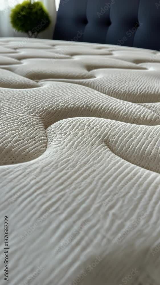 Poster close-up view of a textured mattress showcasing unique design details and comfort features in a mode