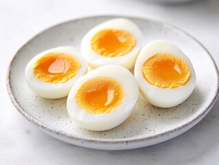 Perfectly boiled eggs served on a plate kitchen food photography bright setting close-up culinary delight