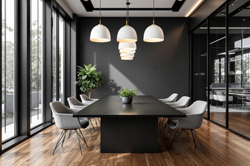 Contemporary interior showing a modern meeting room with sleek furniture, stylish lighting, wood flooring, and glass walls. Ai generative