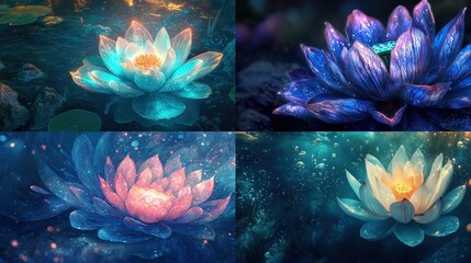 Glowing lotus flowers in water.
