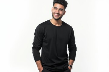 Fototapeta premium Half-Length (Waist-Up) portrait of young stylish smiling Syrian male model in goth wear isolated on pure white background looking at camera