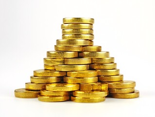 Golden coin pyramid stack business showcase financial content studio environment close-up view wealth concept