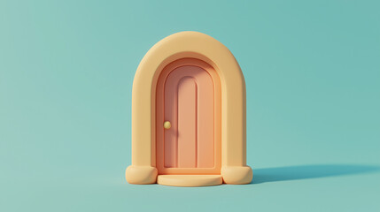 Fototapeta premium A whimsical 3D fairy-tale door with pastel colors, rounded frame, and charming trees in a fantasy setting. A playful diorama scene evoking imagination, childhood wonder, and magical storytelling. 