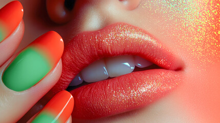 A close-up of a woman's lips adorned with vibrant orange and green nail polish, showcasing glossy beauty and artistic makeup details.