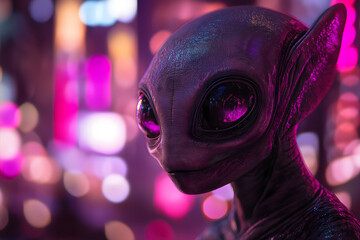 Naklejka premium A peaceful Alien in techno style in pink purple light