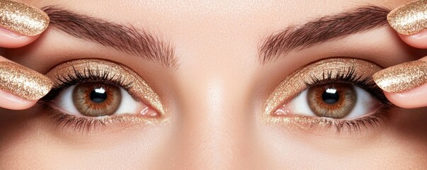 Naklejka premium Close-up of a woman's eyes with shimmering gold eye makeup and manicured nails, showcasing beauty and elegance.