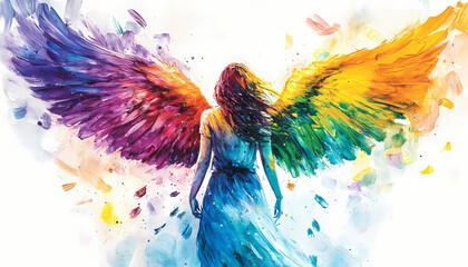 Rainbow Angel Wings Watercolor Painting