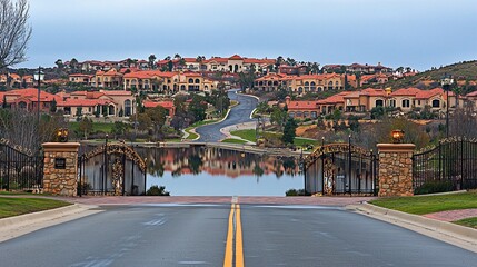 Suburban luxury homes, gated community, scenic lake view