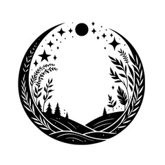 Black & White Nature Scene in Circular Frame: Botanical Illustration