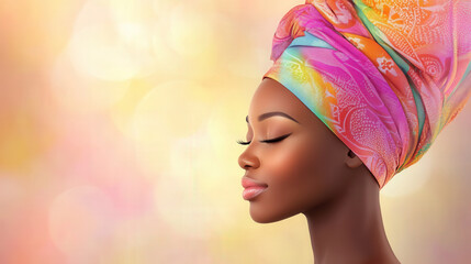 Elegant woman with colorful headwrap showcasing beauty and grace in a serene setting, embodying cultural pride and identity, vibrant colors, artistic expression, beauty concept