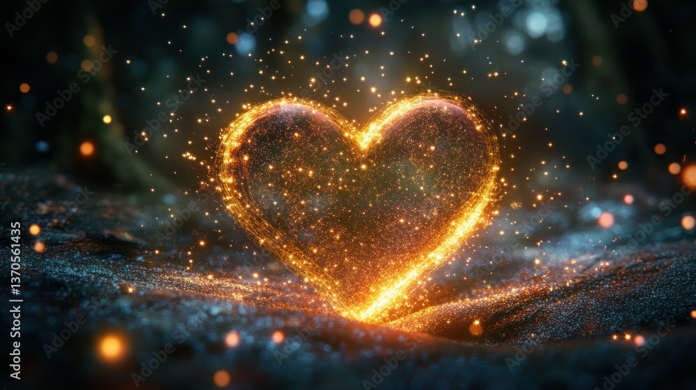 Poster an illuminated golden heart shape appears to be floating gently