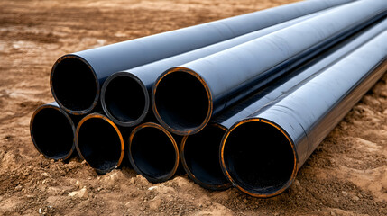 Stack of large dark pipes on brown soil